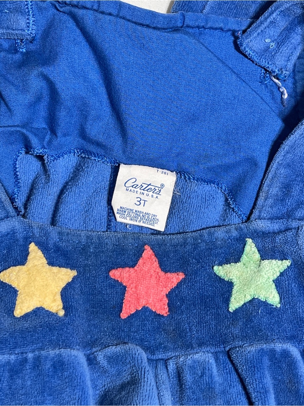 Carter's Blue Romper with Yellow Pink and Green Star Appliqués